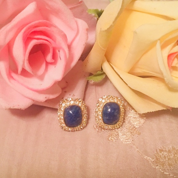 Jewelry - Lapis Lazurite Rectangular Earrings W/ Rhinestones